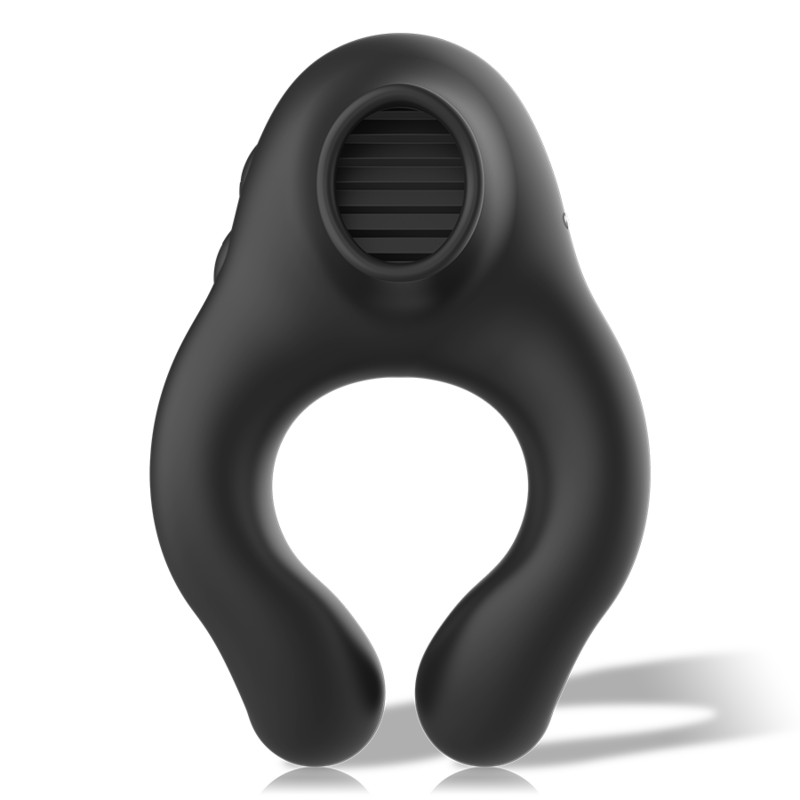 Close-up do Anel Vibrador ARMONY Silicone 3 Motores Recarregável Preto Ouro, destacando seu design e textura.