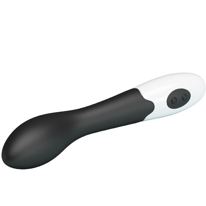 Close-up do Vibrador G-Spot PRETTY LOVE Bishop com 30 modos, mostrando o seu design curvo e material preto em silicone.