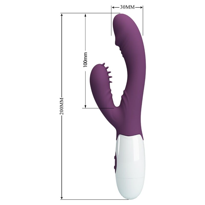 Close-up of the PRETTY LOVE Andre Vibrador Coelho e Estimulador Ponto G Roxo, showing its ergonomic shape and silicone texture.