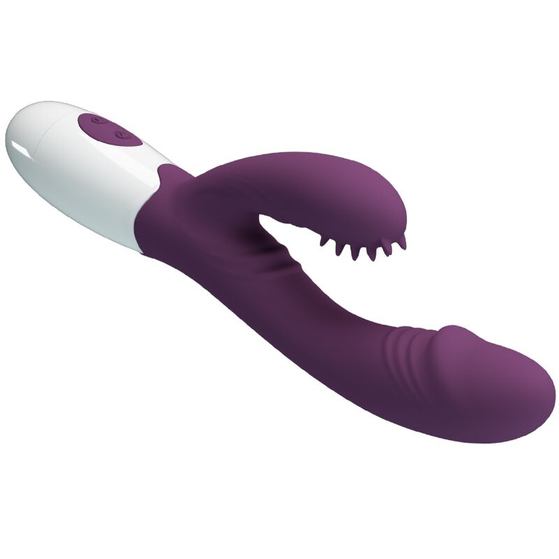 Close-up of the PRETTY LOVE Andre Vibrador Coelho e Estimulador Ponto G Roxo, showing its ergonomic shape and silicone texture.