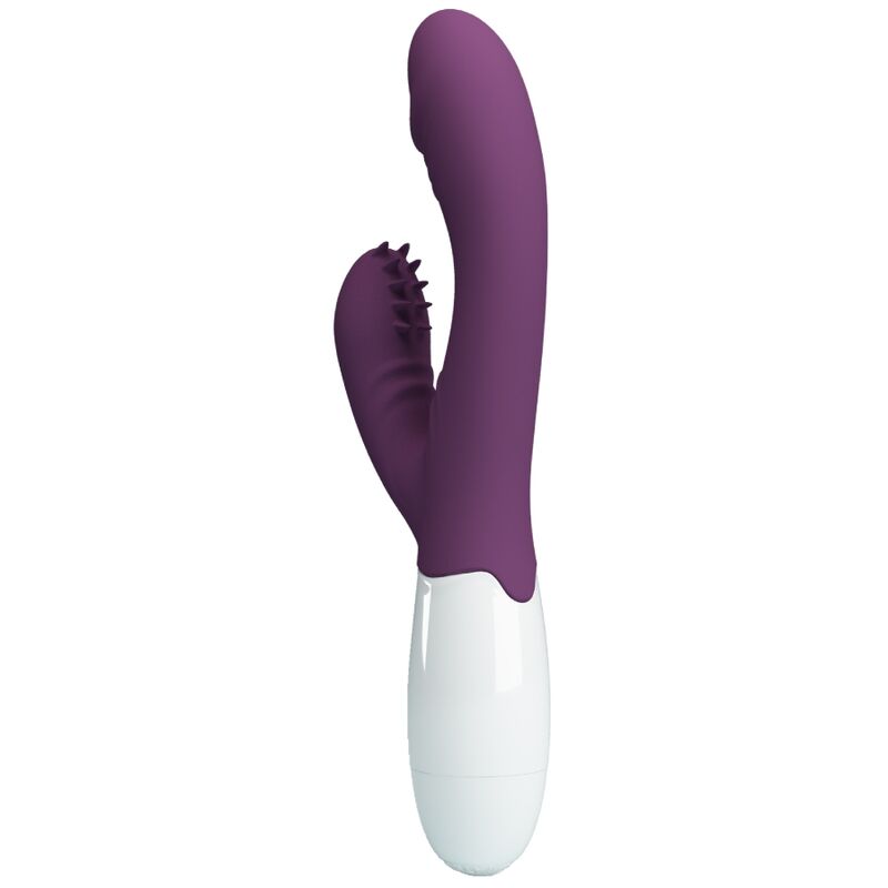 Close-up of the PRETTY LOVE Andre Vibrador Coelho e Estimulador Ponto G Roxo, showing its ergonomic shape and silicone texture.