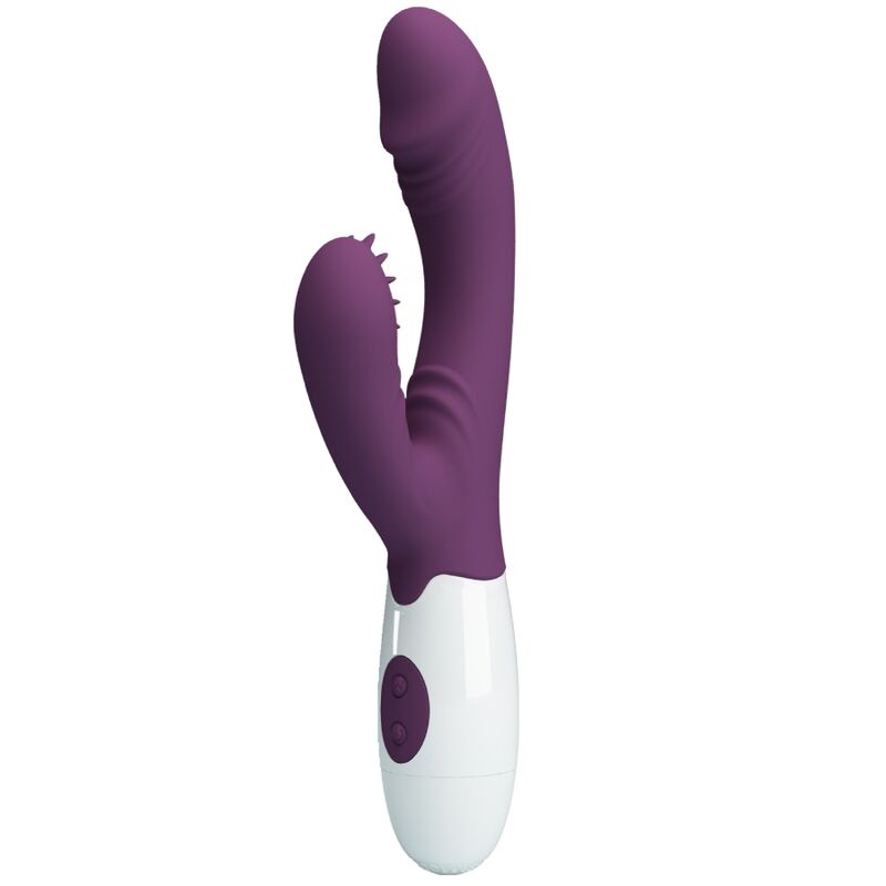 Close-up of the PRETTY LOVE Andre Vibrador Coelho e Estimulador Ponto G Roxo, showing its ergonomic shape and silicone texture.