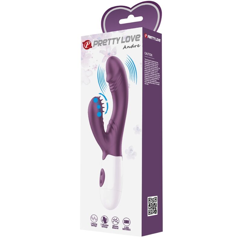 Close-up of the PRETTY LOVE Andre Vibrador Coelho e Estimulador Ponto G Roxo, showing its ergonomic shape and silicone texture.
