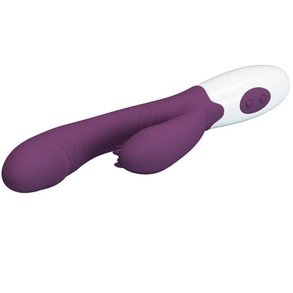 Close-up of the PRETTY LOVE Andre Vibrador Coelho e Estimulador Ponto G Roxo, showing its ergonomic shape and silicone texture.