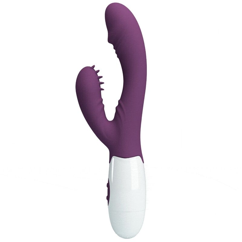 Close-up of the PRETTY LOVE Andre Vibrador Coelho e Estimulador Ponto G Roxo, showing its ergonomic shape and silicone texture.