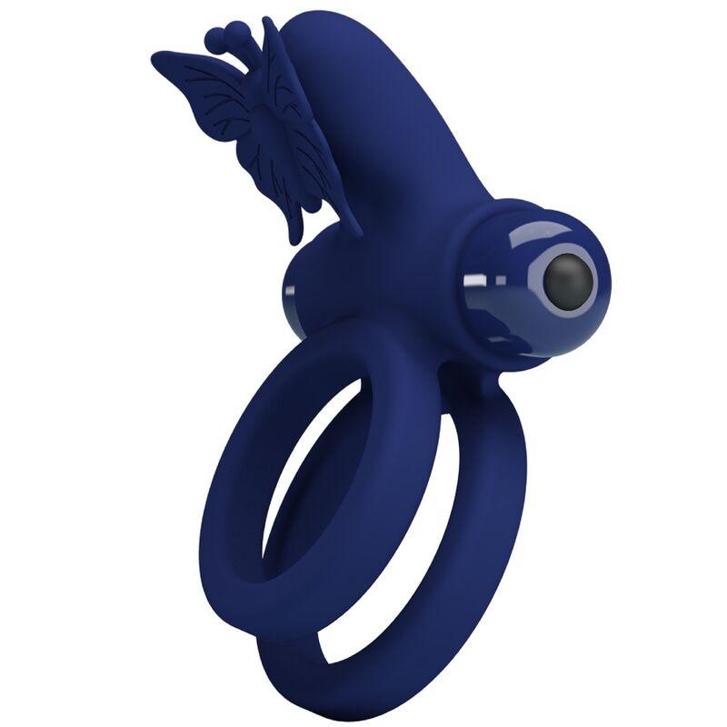 Anel Duplo Vibratório PRETTY LOVE Jamele com estimulador de borboleta azul, mostrando o design ergonómico para casais.