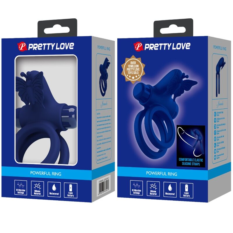 Anel Duplo Vibratório PRETTY LOVE Jamele com estimulador de borboleta azul, mostrando o design ergonómico para casais.