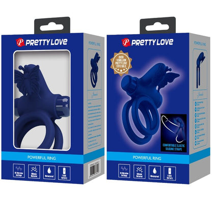 Anel Duplo Vibratório PRETTY LOVE Jamele com estimulador de borboleta azul, mostrando o design ergonómico para casais.