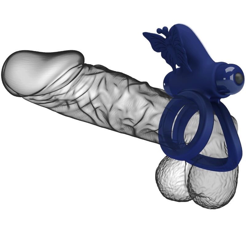 Anel Duplo Vibratório PRETTY LOVE Jamele com estimulador de borboleta azul, mostrando o design ergonómico para casais.