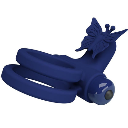 Anel Duplo Vibratório PRETTY LOVE Jamele com estimulador de borboleta azul, mostrando o design ergonómico para casais.