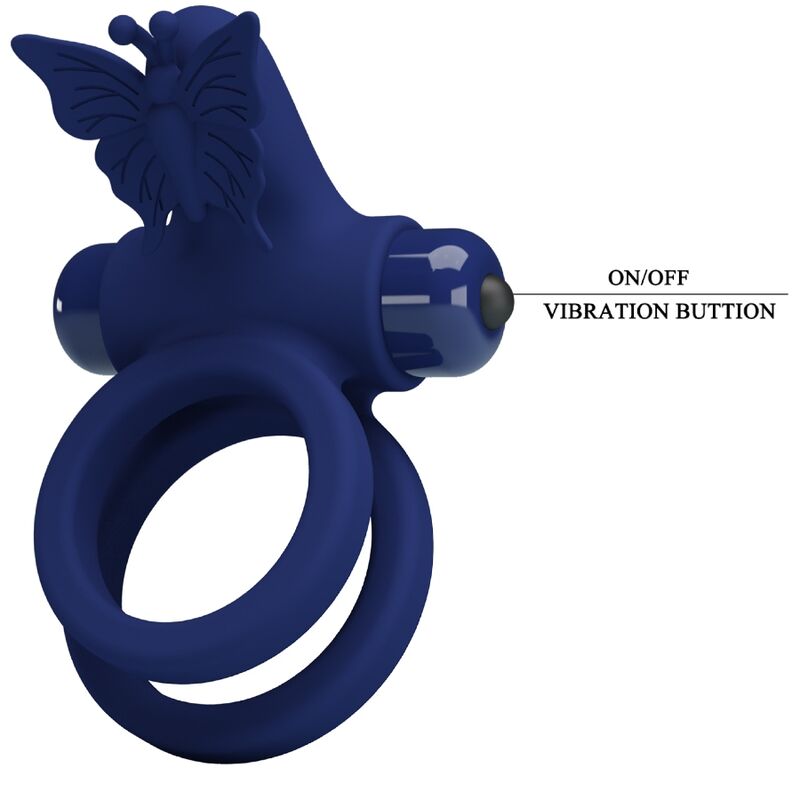 Anel Duplo Vibratório PRETTY LOVE Jamele com estimulador de borboleta azul, mostrando o design ergonómico para casais.