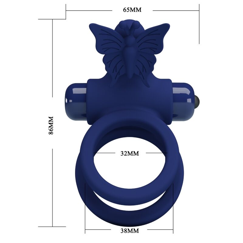 Anel Duplo Vibratório PRETTY LOVE Jamele com estimulador de borboleta azul, mostrando o design ergonómico para casais.
