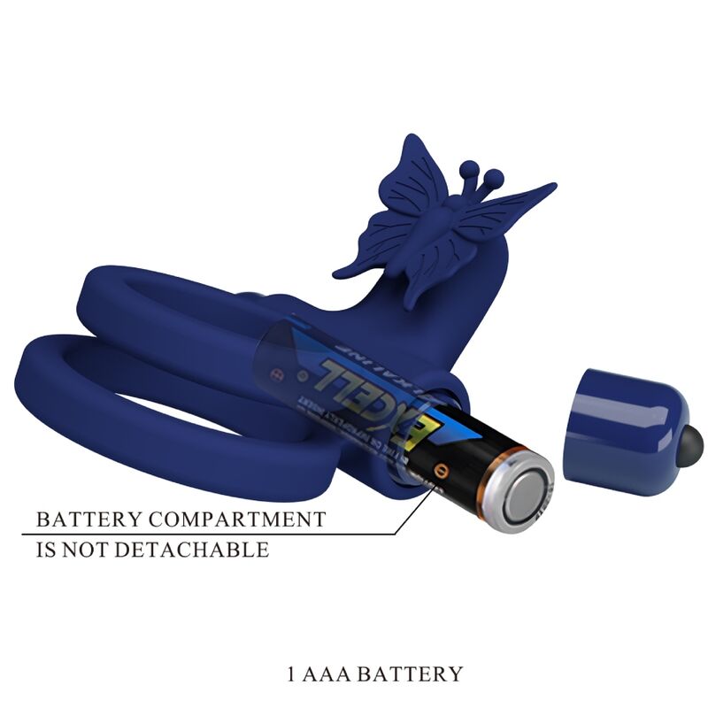 Anel Duplo Vibratório PRETTY LOVE Jamele com estimulador de borboleta azul, mostrando o design ergonómico para casais.