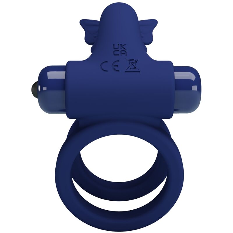 Anel Duplo Vibratório PRETTY LOVE Jamele com estimulador de borboleta azul, mostrando o design ergonómico para casais.