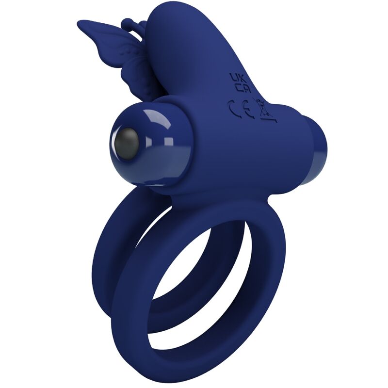 Anel Duplo Vibratório PRETTY LOVE Jamele com estimulador de borboleta azul, mostrando o design ergonómico para casais.