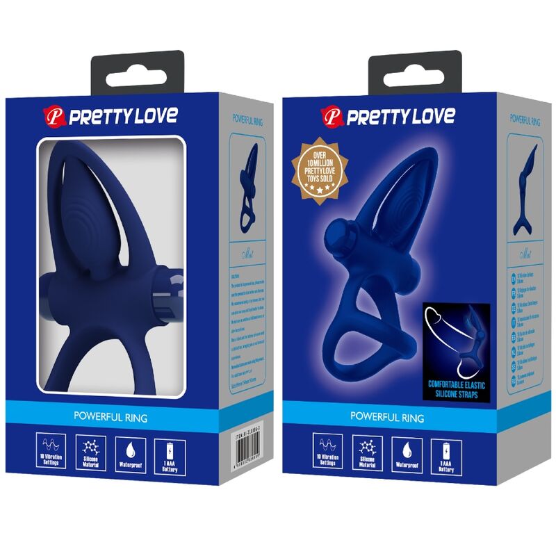 PRETTY LOVE Anel Peniano Duplo Vibratório com Estimulador Azul para prazer a dois