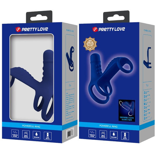Close-up do PRETTY LOVE Anel Vibrante Elish com Extensão Azul, mostrando o design e textura do silicone.