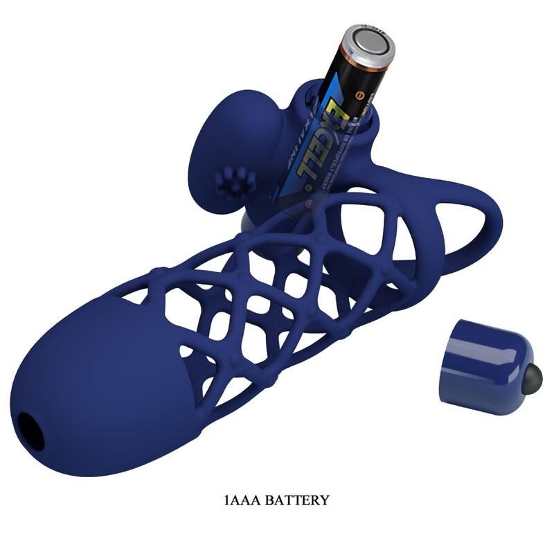 Anel vibrador PRETTY LOVE Giann com bainha de silicone azul, para ereções e estimulação mútua.