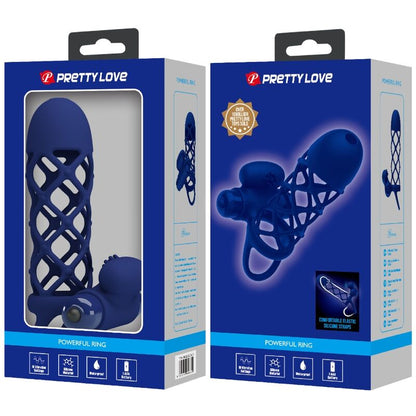 Anel vibrador PRETTY LOVE Giann com bainha de silicone azul, para ereções e estimulação mútua.