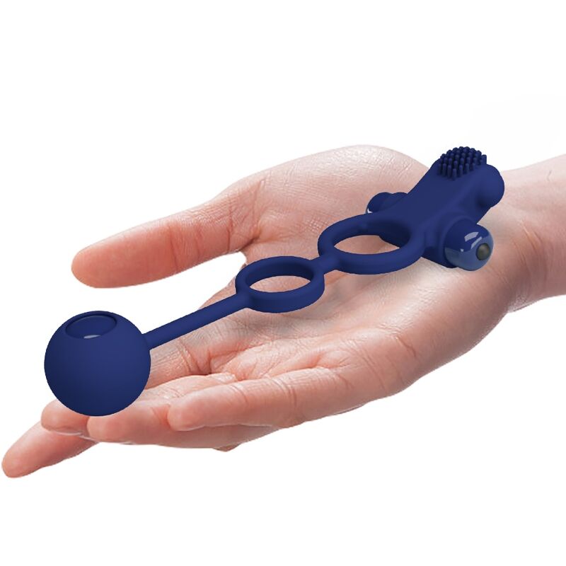 PRETTY LOVE Remington Anel Vibrador Duplo com Plug Anal Azul - Imagem detalhada do produto.