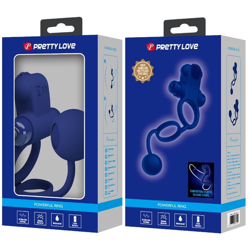 PRETTY LOVE Remington Anel Vibrador Duplo com Plug Anal Azul - Imagem detalhada do produto.