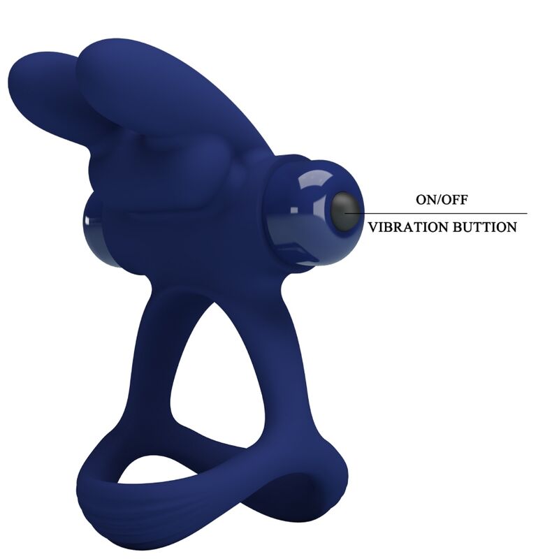 Anel vibrante duplo Pretty Love Francisco Coelho Azul, em silicone e design ergonómico para ereções prolongadas e prazer intenso.