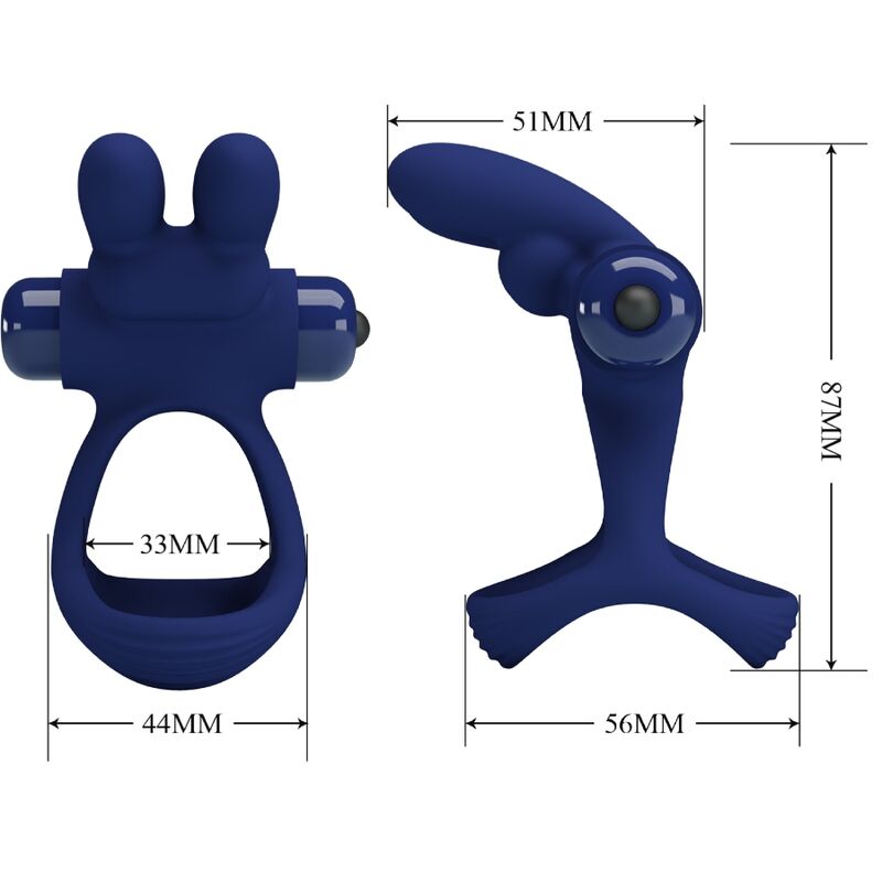 Anel vibrante duplo Pretty Love Francisco Coelho Azul, em silicone e design ergonómico para ereções prolongadas e prazer intenso.