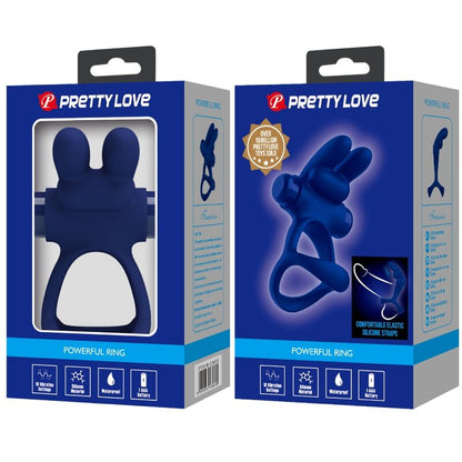 Anel vibrante duplo Pretty Love Francisco Coelho Azul, em silicone e design ergonómico para ereções prolongadas e prazer intenso.