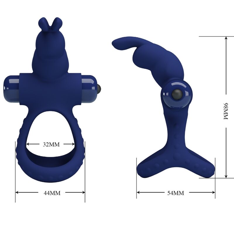 Anel Vibrante Duplo Coelho Azul PRETTY LOVE em silicone, ideal para intensificar o prazer e ereções.