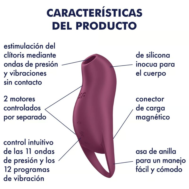 Close-up do Satisfyer Pocket Pro 1 Vibrador de Ondas de Pressão e Vibração Garnet, mostrando seu design curvo e cor vibrante.