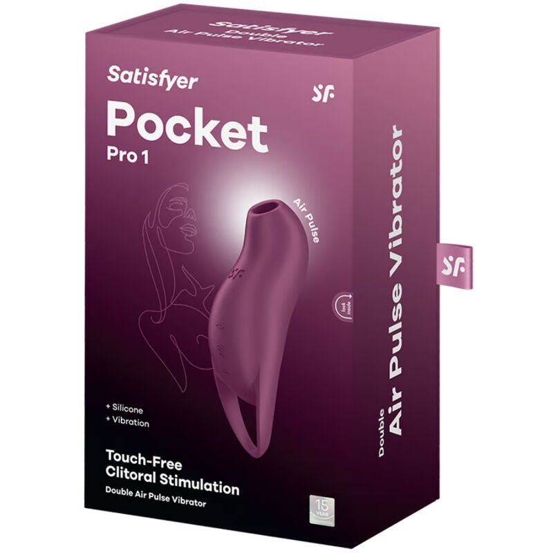 Close-up do Satisfyer Pocket Pro 1 Vibrador de Ondas de Pressão e Vibração Garnet, mostrando seu design curvo e cor vibrante.