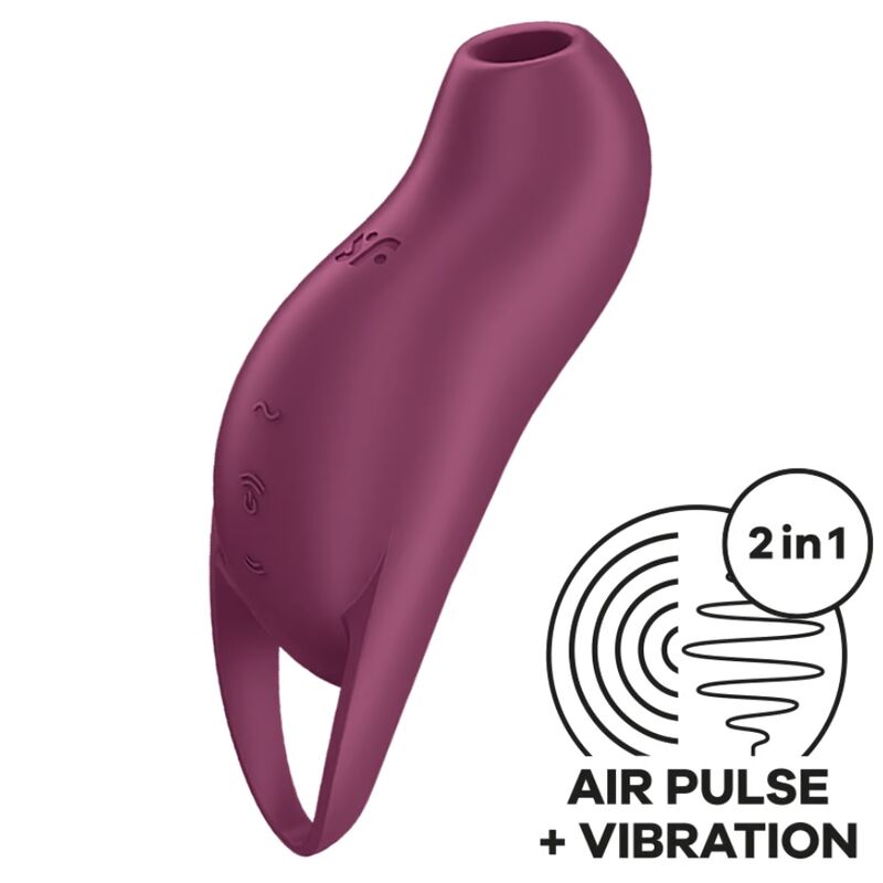 Close-up do Satisfyer Pocket Pro 1 Vibrador de Ondas de Pressão e Vibração Garnet, mostrando seu design curvo e cor vibrante.