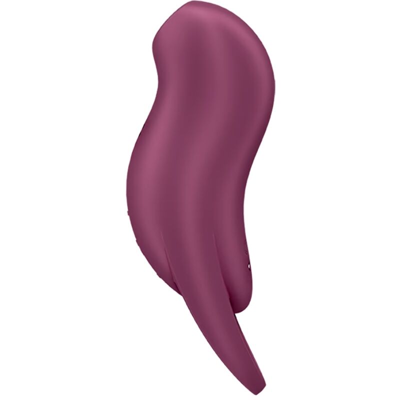 Close-up do Satisfyer Pocket Pro 1 Vibrador de Ondas de Pressão e Vibração Garnet, mostrando seu design curvo e cor vibrante.