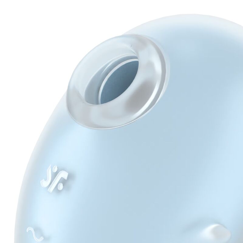 Satisfyer Cutie Ghost Vibrador Lay-On em azul claro, mostrando o design fofo e as características de estimulação clitoriana com ondas de pressão e vibração.