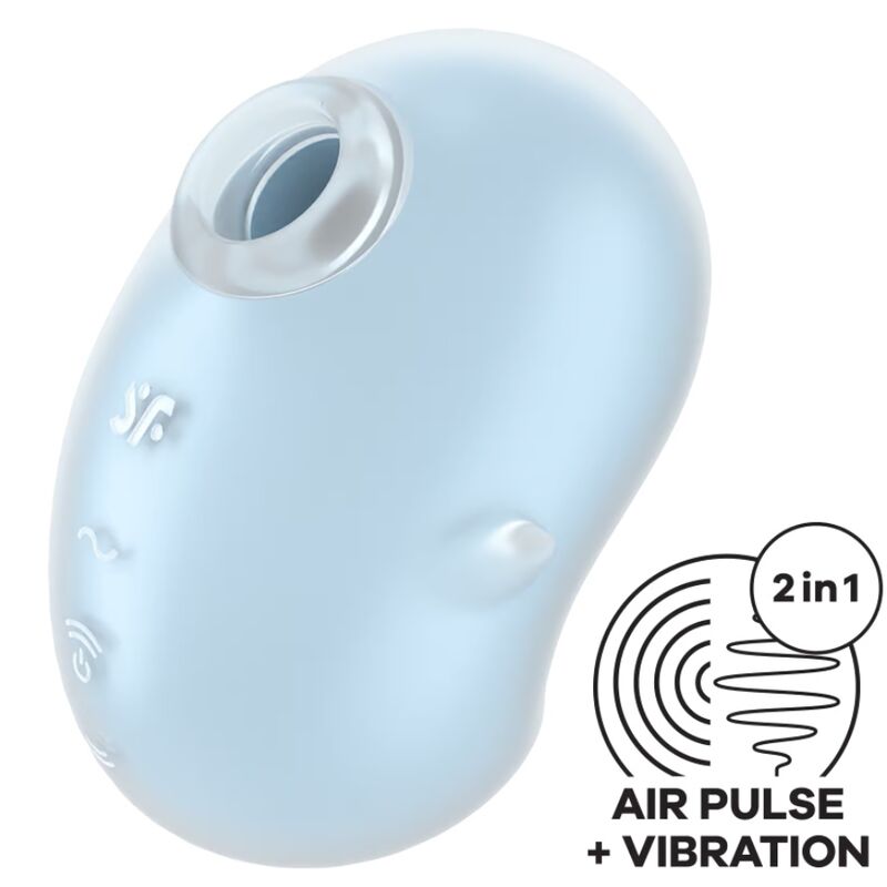 Satisfyer Cutie Ghost Vibrador Lay-On em azul claro, mostrando o design fofo e as características de estimulação clitoriana com ondas de pressão e vibração.