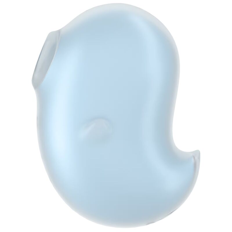 Satisfyer Cutie Ghost Vibrador Lay-On em azul claro, mostrando o design fofo e as características de estimulação clitoriana com ondas de pressão e vibração.