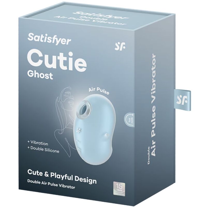 Satisfyer Cutie Ghost Vibrador Lay-On em azul claro, mostrando o design fofo e as características de estimulação clitoriana com ondas de pressão e vibração.