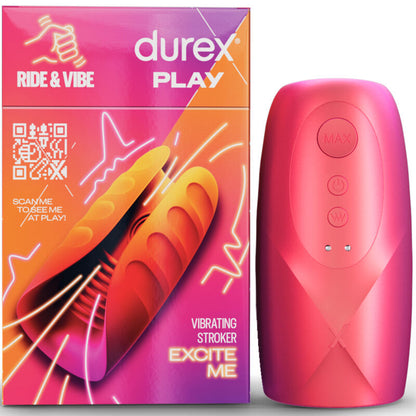 Close-up do masturbador vibratório DUREX Ride & Vibe, mostrando sua textura e design ergonómico para estimulação peniana.