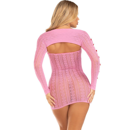 Vestido Leg Avenue Coração e Laços Rosa, detalhe do tecido e design.