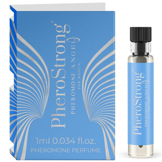 Embalagem e frasco do PHEROSTRONG Perfume de Feromonas Anjo para Mulheres 1 ML, destacando o design e a marca.