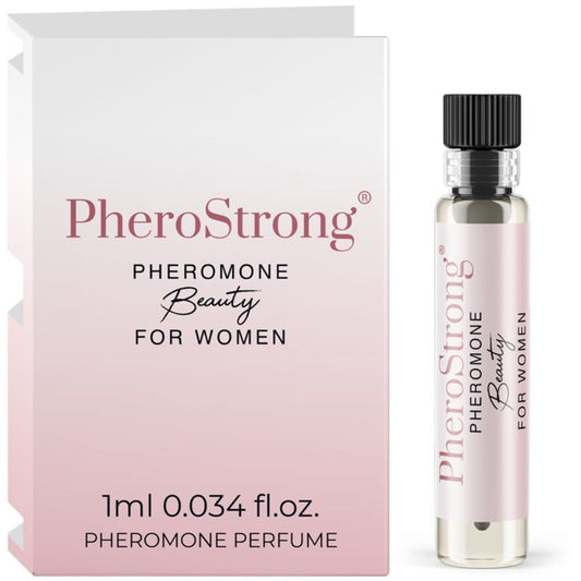 PHEROSTRONG Perfume de Feromônios para Mulher 1 ML, frasco e embalagem.
