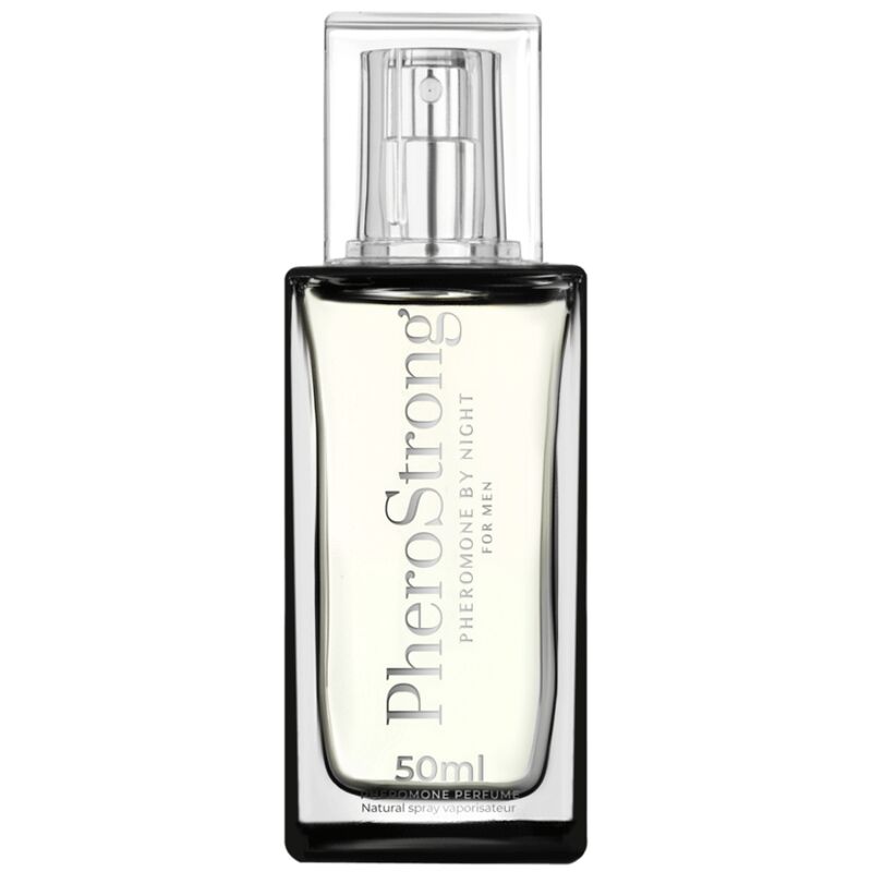 Frasco de PHEROSTRONG Perfume de Feromônios Noite para Homem 50 ML, destacando seu design elegante e cor escura.