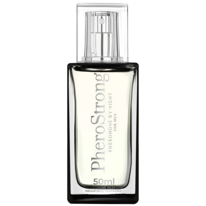Frasco de PHEROSTRONG Perfume de Feromônios Noite para Homem 50 ML, destacando seu design elegante e cor escura.