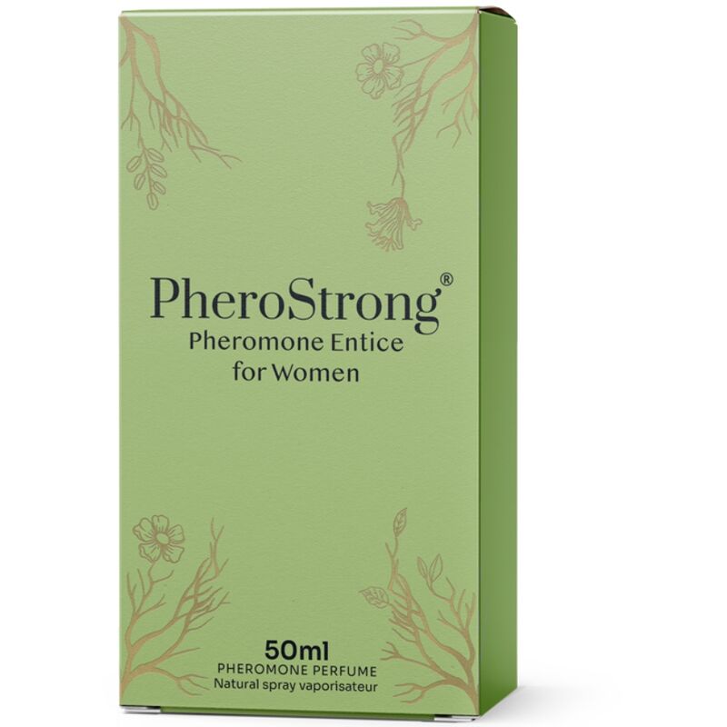 Frasco de PHEROSTRONG Perfume de Feromônios Entice para Mulheres 50ml, exibindo o design da embalagem e a cor do líquido.