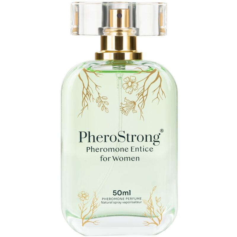 Frasco de PHEROSTRONG Perfume de Feromônios Entice para Mulheres 50ml, exibindo o design da embalagem e a cor do líquido.
