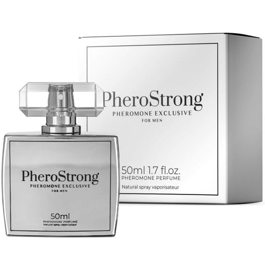 Frasco de PHEROSTRONG Perfume de Feromônios para Homens 50 ML, focado na atração e confiança masculina.