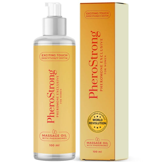 Frasco do PHEROSTRONG Óleo de Massagem com Feromônios para Mulheres 100 ML, mostrando o design da embalagem e a cor do óleo.