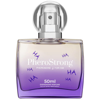 Frasco de PHEROSTRONG Perfume de Feromonas J para Homem 50 ML, exibindo o design elegante e a embalagem.
