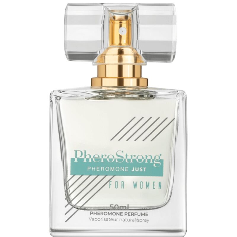 PHEROSTRONG Perfume de Feromônios para Mulheres 50 ML, frasco elegante com detalhes dourados.