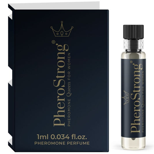 Frasco do perfume PHEROSTRONG Queen para Mulheres de 1 ML com feromonas, mostrando o design elegante e líquido.